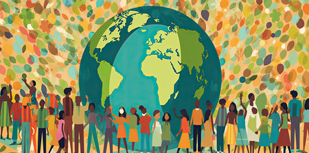 group of people holding earth, in the style of environmentally inspired, flat, vibrant airy scenes, human-canvas integration by generative AIの素材