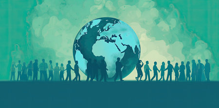 people with a globe, in the style of environmental awareness, flat illustrations, light sky-blue and dark green by generative AIの素材