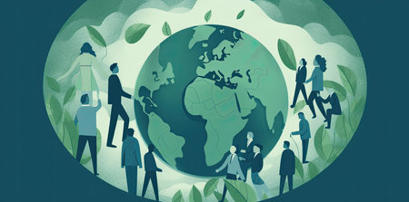 people with a globe, in the style of environmental awareness, flat illustrations, light sky-blue and dark green by generative AIの素材