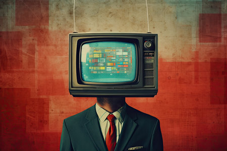 Stunning illustration of a television with a man on his head, in the style of retro-futurism, melancholic colors, dark cyan and red by generative AIの素材