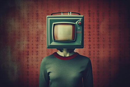 Inverted TV on a person's head, in the style of vintage atmosphere, dark green and red by generative AIの素材