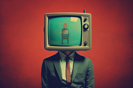 Stunning illustration of a television with a man on his head, in the style of retro-futurism, melancholic colors, dark cyan and red by generative AIの素材