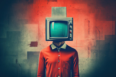Stunning illustration of a television with a man on his head, in the style of retro-futurism, melancholic colors, dark cyan and red by generative AIの素材