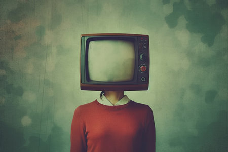 Inverted TV on a person's head, in the style of vintage atmosphere, dark green and red by generative AIの素材