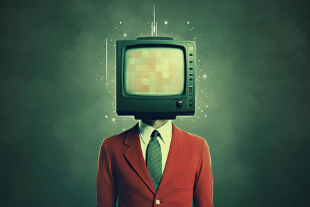 Inverted TV on a person's head, in the style of vintage atmosphere, dark green and red by generative AIの素材