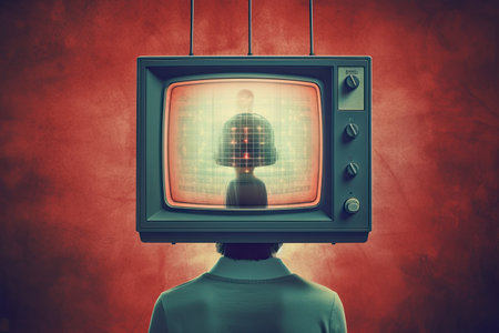 Stunning illustration of a television with a man on his head, in the style of retro-futurism, melancholic colors, dark cyan and red by generative AIの素材