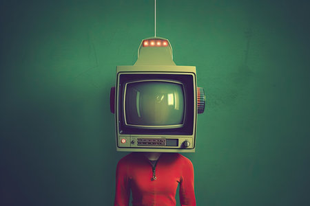 Inverted TV on a person's head, in the style of vintage atmosphere, dark green and red by generative AIの素材