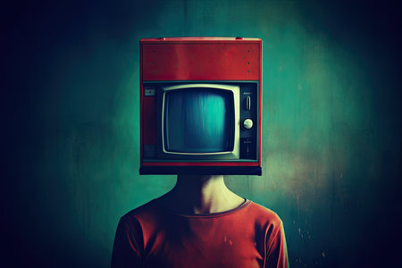 Stunning illustration of a television with a man on his head, in the style of retro-futurism, melancholic colors, dark cyan and red by generative AIの素材