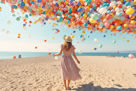 delicate illustration of a woman holding multiple balloons at the beach, in an ideal contemporary style to represent summer by generative AIの素材