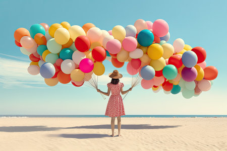 delicate illustration of a woman holding multiple balloons at the beach, in an ideal contemporary style to represent summer by generative AIの素材