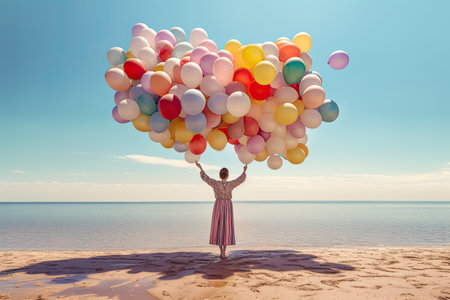 delicate illustration of a woman holding multiple balloons at the beach, in an ideal contemporary style to represent summer by generative AIの素材