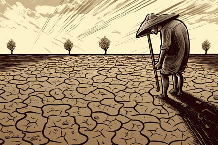 Devastating Drought Illustration. Farmer looking at the sad landscape. Climate change and global warming concept. Generative AIの素材