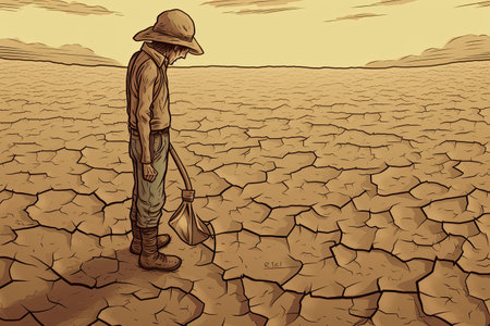 Devastating Drought Illustration. Farmer looking at the sad landscape. Climate change and global warming concept. Generative AIの素材