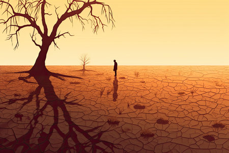 Devastating Drought Illustration. Farmer looking at the sad landscape. Climate change and global warming concept. Generative AIの素材