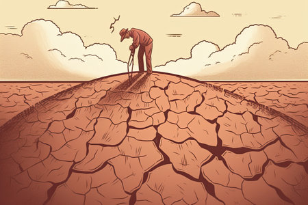 Devastating Drought Illustration. Farmer looking at the sad landscape. Climate change and global warming concept. Generative AIの素材