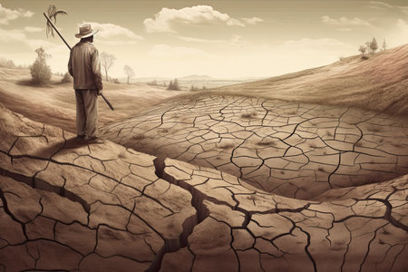 Devastating Drought Illustration. Farmer looking at the sad landscape. Climate change and global warming concept. Generative AIの素材
