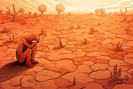 Devastating Drought Illustration. Farmer looking at the sad landscape. Climate change and global warming concept. Generative AIの素材