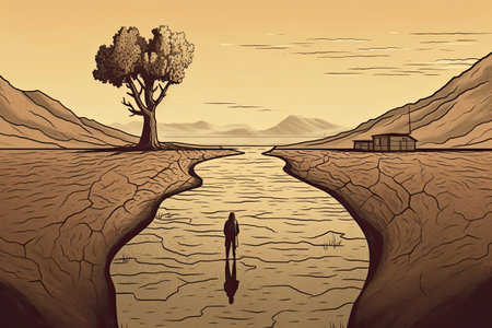 Devastating Drought Illustration. Farmer looking at the sad landscape. Climate change and global warming concept. Generative AIの素材