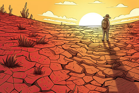 Devastating Drought Illustration. Farmer looking at the sad landscape. Climate change and global warming concept. Generative AIの素材