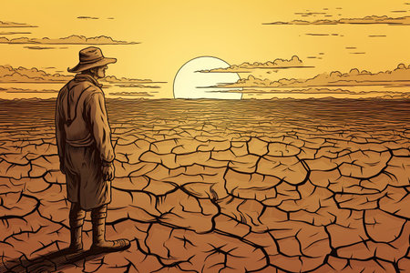 Devastating Drought Illustration. Farmer looking at the sad landscape. Climate change and global warming concept. Generative AIの素材