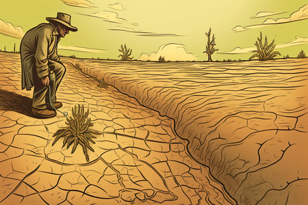 Devastating Drought Illustration. Farmer looking at the sad landscape. Climate change and global warming concept. Generative AIの素材