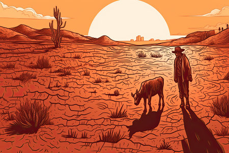 Devastating Drought Illustration. Farmer looking at the sad landscape. Climate change and global warming concept. Generative AIの素材