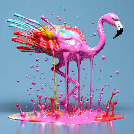 Exotic pink bird splashing in colored water. Flamingo on a blue background. Generative AIの素材