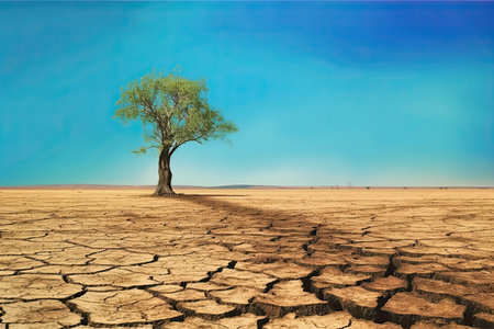 Lonely tree on drought crack land. Climate change and global warming concept. Generative AIの素材