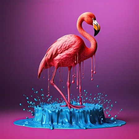 Exotic pink bird splashing in colored water. Flamingo on a blue background. Generative AIの素材