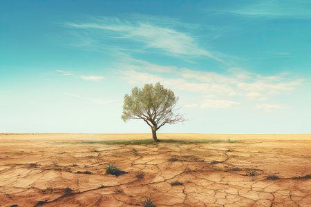 Lonely tree on drought crack land. Climate change and global warming concept. Generative AIの素材