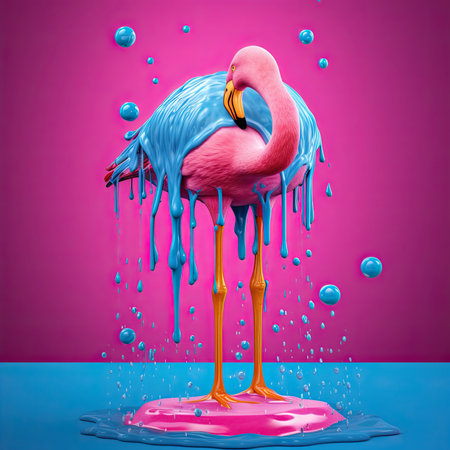 Exotic pink bird splashing in colored water. Flamingo on a blue background. Generative AIの素材