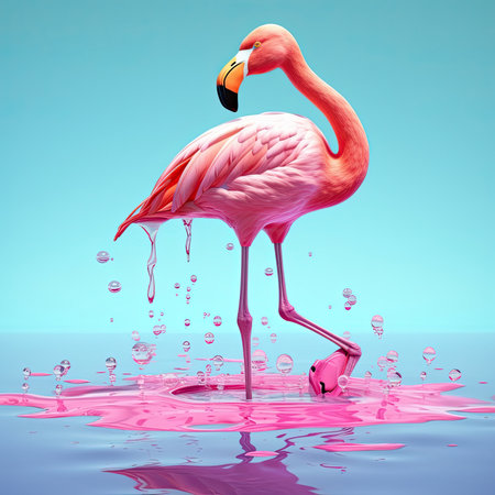 Exotic pink bird splashing in colored water. Flamingo on a blue background. Generative AIの素材