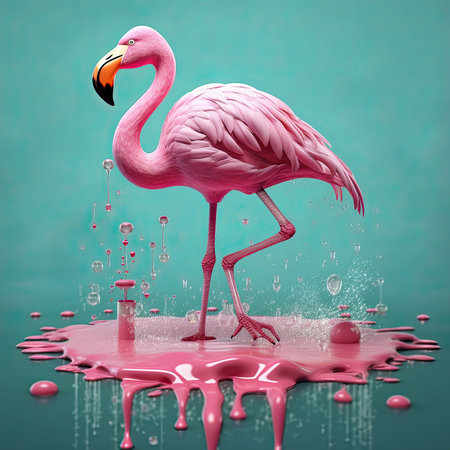 Exotic pink bird splashing in colored water. Flamingo on a blue background. Generative AIの素材