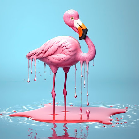 Exotic pink bird splashing in colored water. Flamingo on a blue background. Generative AIの素材