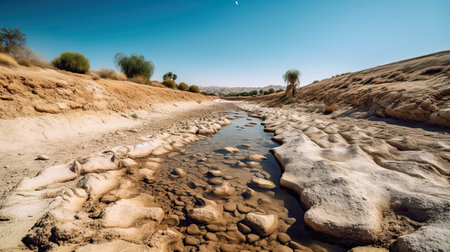 Sad drought-stricken landscape, with dried up river. Generative AIの素材