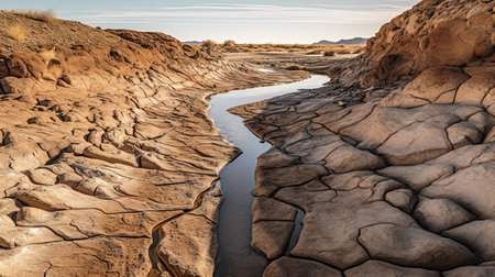 Sad drought-stricken landscape, with dried up river. Generative AIの素材