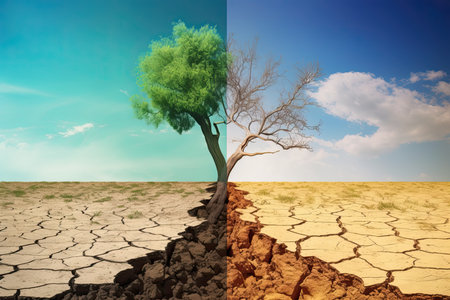 Climate change and environment concept. Two trees, one green and another one dry. Generative AIの素材