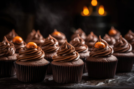Halloween cupcakes with ghost decorations and chocolate frosting, in the style of a haunted atmosphere, dark orange and dark gray by generative AIの素材