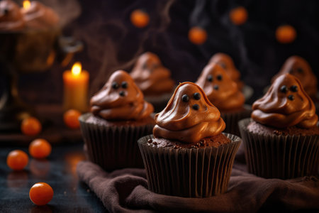 Halloween cupcakes with ghost decorations and chocolate frosting, in the style of a haunted atmosphere, dark orange and dark gray by generative AIの素材