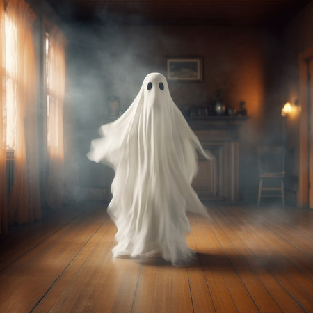 Illustration for Halloween - A ghost dressed in a white costume standing on a wooden floor, in the style of light orange and dark gray by generative AIの素材