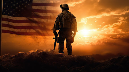 Illustration for Independence Day of the United States, July 4th - Soldier with American flag under a beautiful sun by generative AIの素材