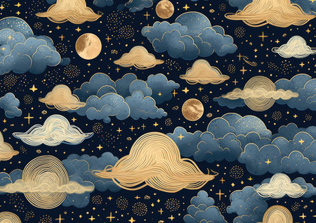 Illustration of a detailed dreamy landscape in dark gray and beige, sky, constellations, clouds, beautiful starry sky by generative AIの素材