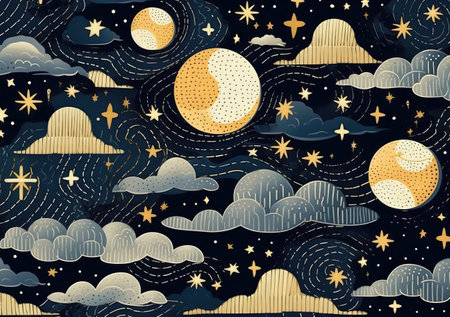 Illustration of a detailed dreamy landscape in dark gray and beige, sky, constellations, clouds, beautiful starry sky by generative AIの素材