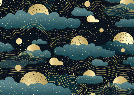 Illustration of a detailed dreamy landscape in dark gray and beige, sky, constellations, clouds, beautiful starry sky by generative AIの素材
