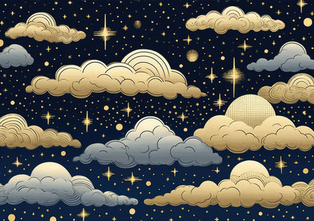 Illustration of a detailed dreamy landscape in dark gray and beige, sky, constellations, clouds, beautiful starry sky by generative AIの素材