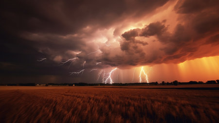 A stormy sky with multiple lightning strikes represents a severe storm by generative AIの素材