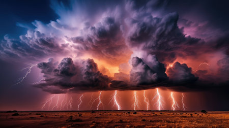 A stormy sky with multiple lightning strikes represents a severe storm by generative AIの素材