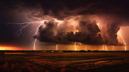 A stormy sky with multiple lightning strikes represents a severe storm by generative AIの素材