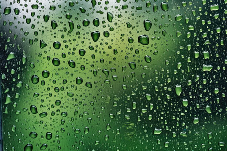 Ideal background of raindrops on the window, with a green backdrop, perfect for representing rainy days by generative AIの素材