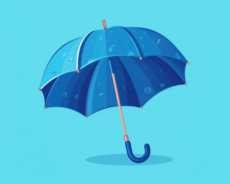 Blue umbrella with raindrops, flat colors by generative AIの素材